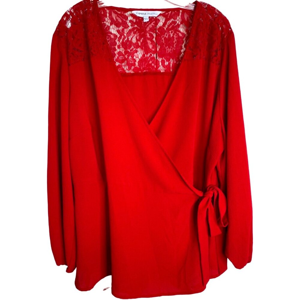 Capsule Womans Red Wrap Blouse with Lace Yoke Size 20 Feminine Romantic Fairy